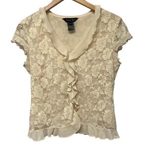 Chapter One Romantic Feminine Floral Lace Ruffle V Neck Short Sleeve Top Size M